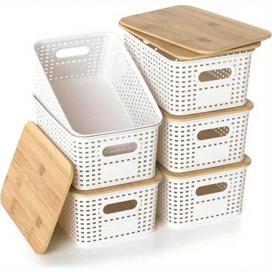Drawer Organizer Bamboo - 6-delige stapelbare opbergbakken met bamboe deksels,