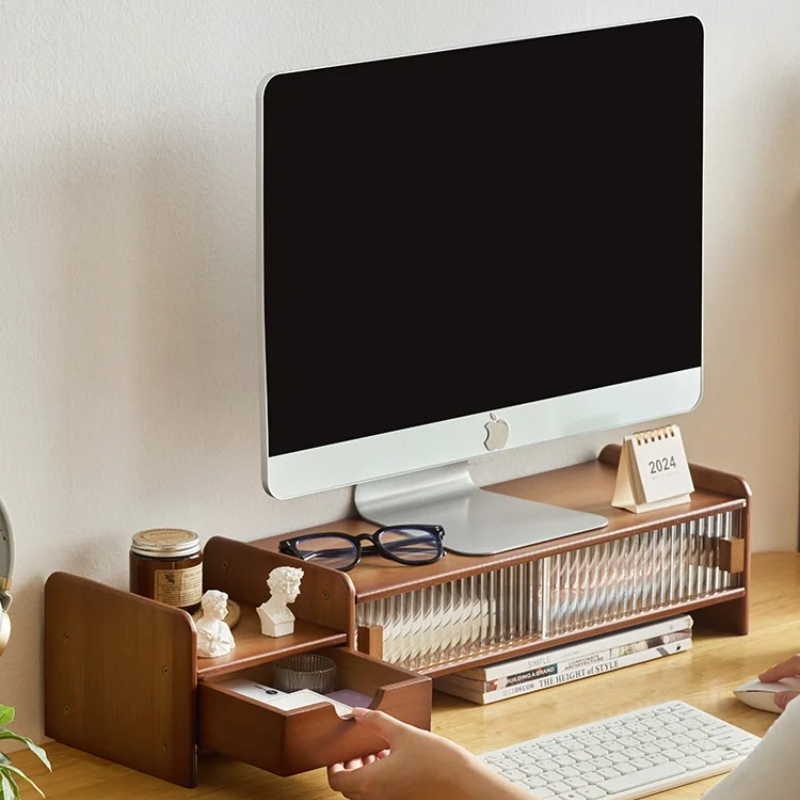 Drawer Organizer Bamboo - ‌ Monitorstandaard met lade-verstelbare computerbureauverhoger Ruimtebesparende