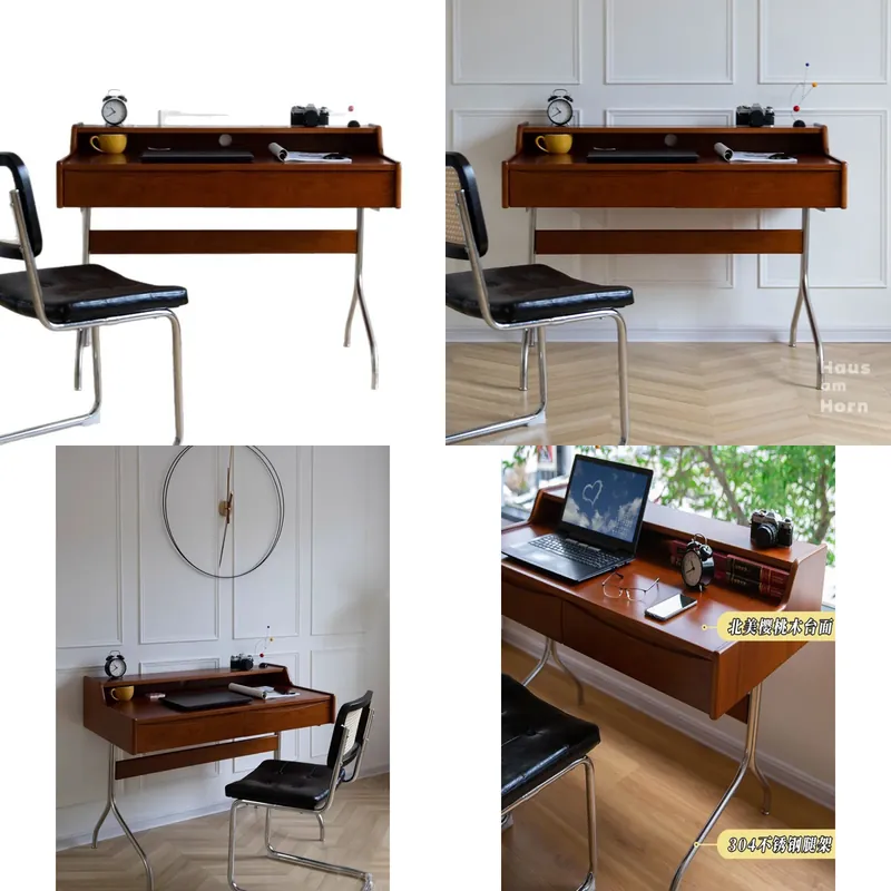Desk Setup For Studying - Retro bureau van massief hout, compacte