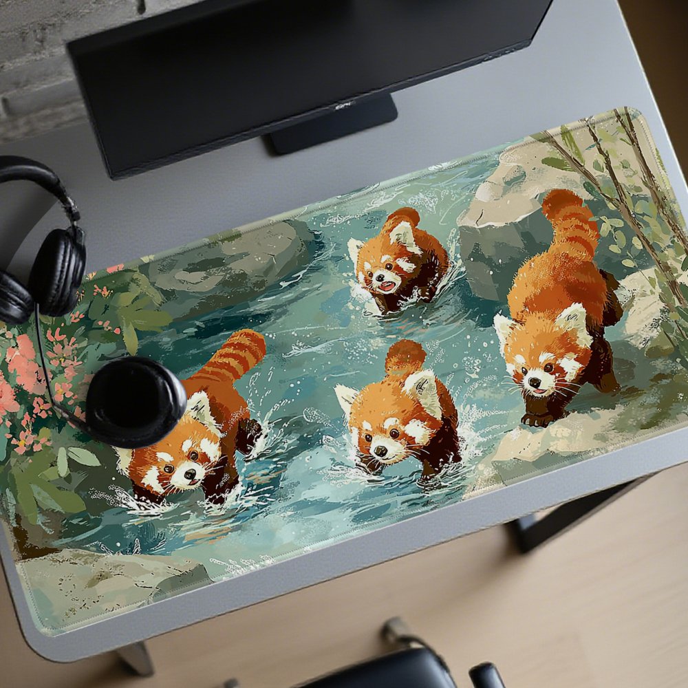 Desk Setup Streaming - Vier rode panda's spelen in een